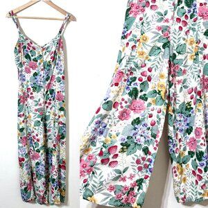 Mango MNG Strawberry Floral Jumpsuit Sleeveless Cottagecore Farm Country Fruit
